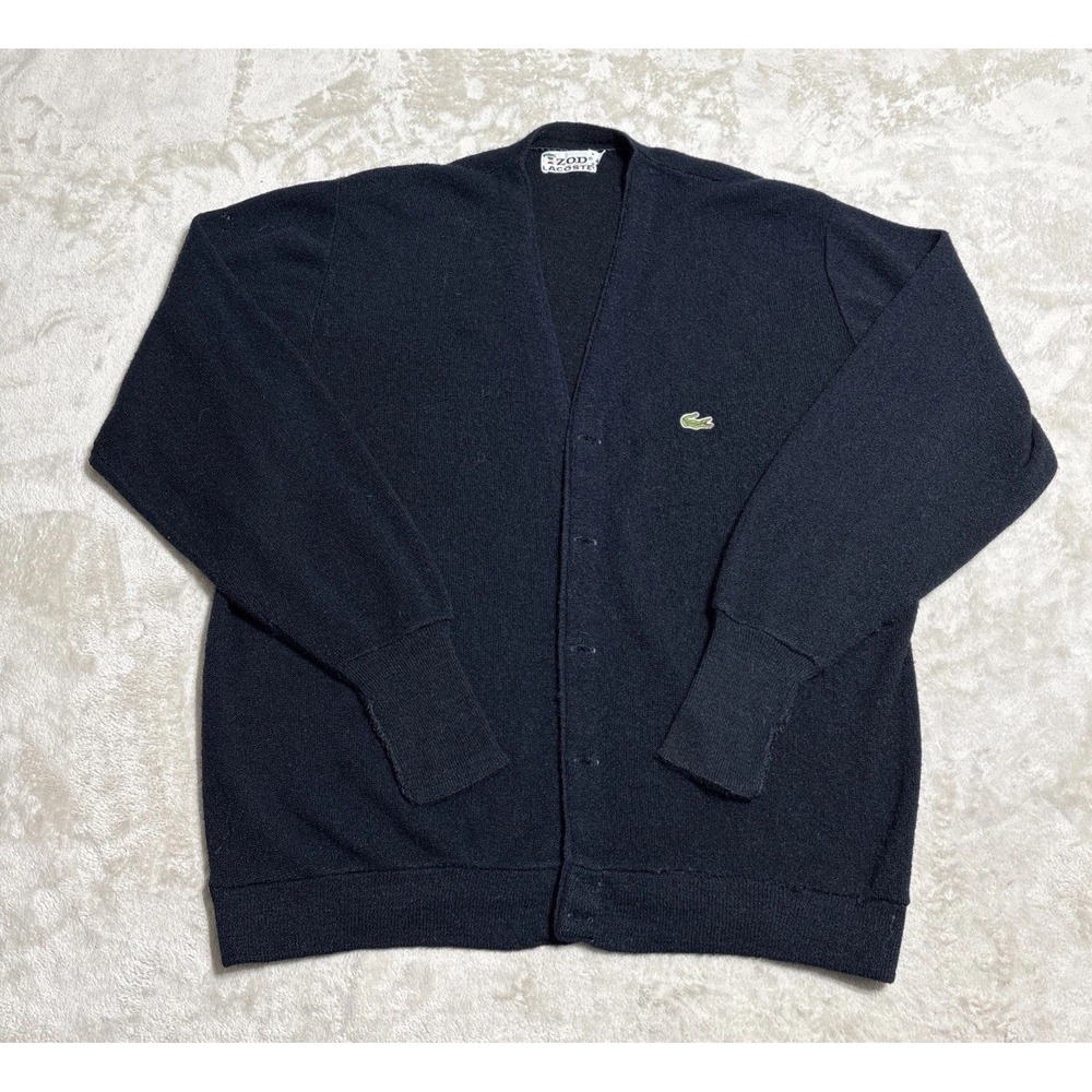 VTG 70s Izod Lacoste Black Cardigan Sweater Mens L Yarn Spool Tag Cobain Grunge